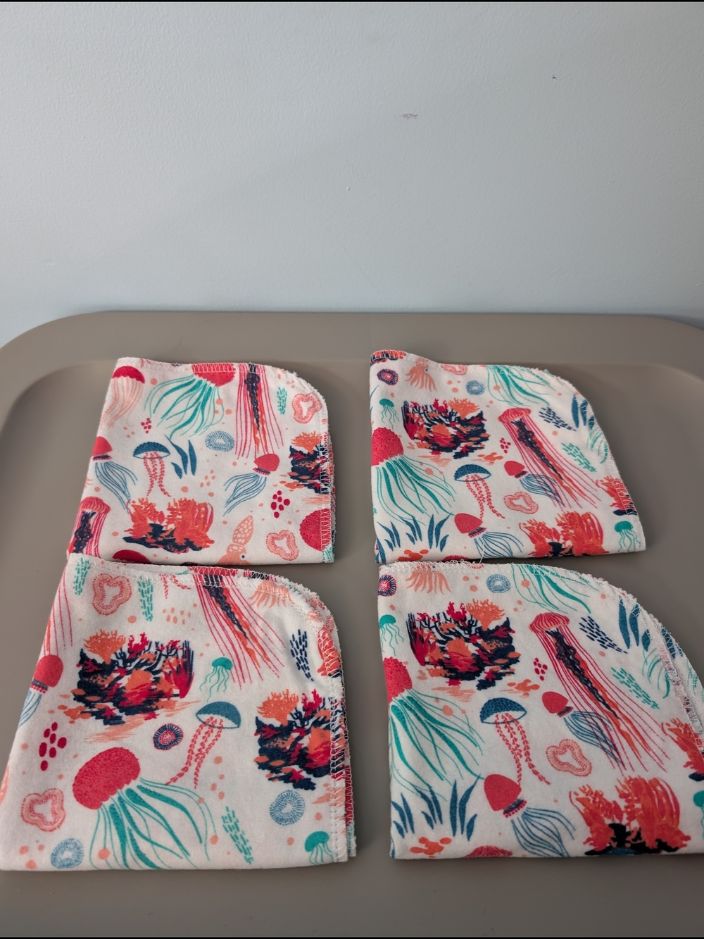 Set Of 4 Hand Crafted 100% Cotton Coral Reef Wash Cloths